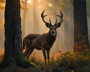 A male deer with large, branched antlers stands in the middle of a forest shrouded in morning mist