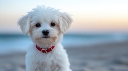 Adorable white puppy on a beach