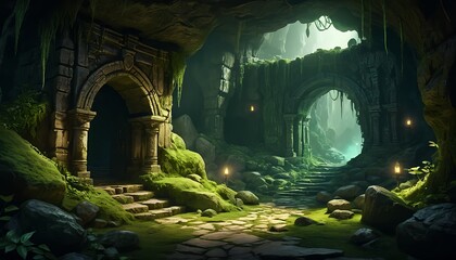 Fototapeta premium Mossy Ruins Path in Dark Cave