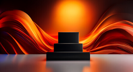 A sleek black three-tiered podium is centered against a dynamic backdrop of flowing orange and red waves. The reflective surface below adds to the depth and visual interest of the composition.