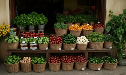 Fototapeta premium Fresh Organic Vegetables Displayed Outside Market with Colorful Baskets and Vibrant Produce Ready for Sale and Healthy Eating Choices