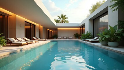 A sleek pool surrounded by lounge chairs in a contemporary home setting, showcasing modern design and relaxation space