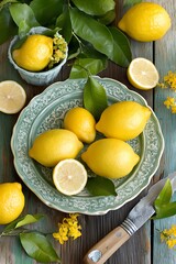 Vibrant Lemons on Rustic Green Plate Still Life Photography