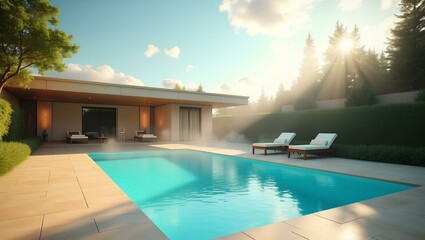 Fototapeta premium A modern home's pool area featuring lounge chairs, emphasizing a stylish and inviting outdoor relaxation environment