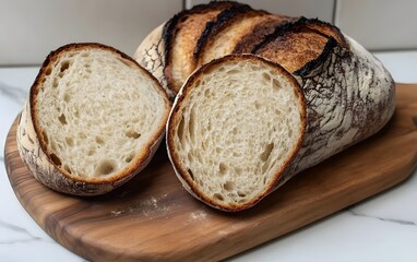 Artisan Crusty Bread Loaf Slices on Wooden Board