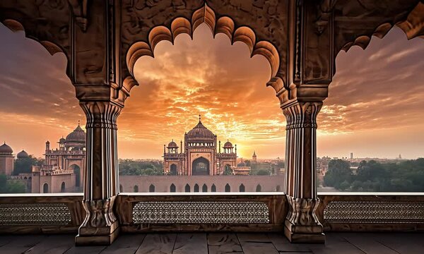 Sunrise over Mughal architecture, India.  Palace balcony view; travel, tourism
