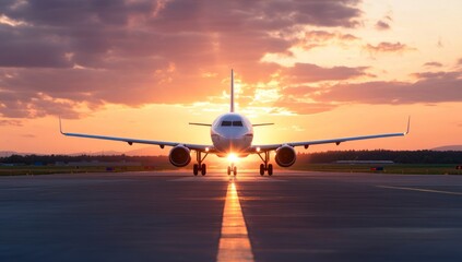 Airplane on runway at sunset, ready for takeoff, travel concept
