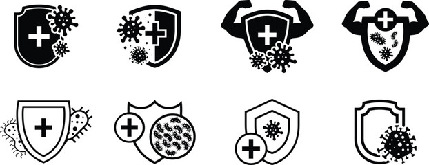 Obraz premium Set of immune system icon. Bacteria protection icon. Antibacterial protection shield symbol. Immune system defence concept