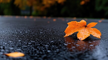 Autumn leaf on wet asphalt