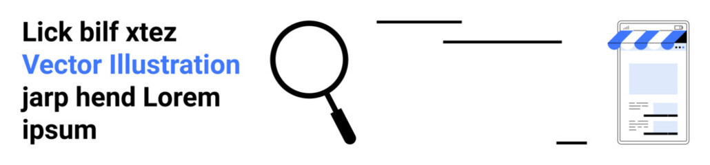 Magnifying glass, digital storefront with awning, and placeholder text suggest online search, browsing, content discovery. Ideal for SEO, analytics, e-commerce, research education technology