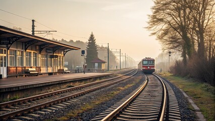 Fototapeta premium Vintage Train Arriving at Rural Station at Sunrise