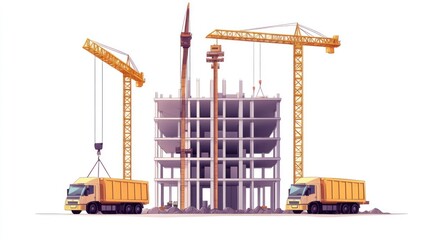 Construction site, cranes, trucks, building under construction. Stock photo