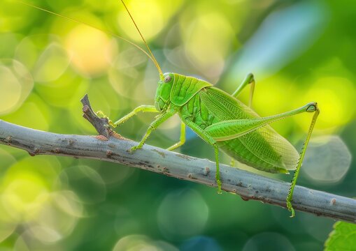 Close-up of a vibrant green katydid on a tree branch.
