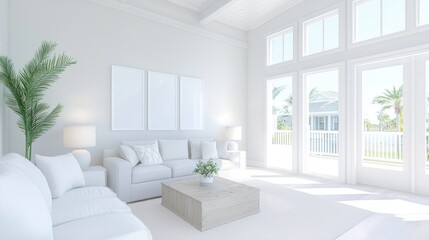 Living room Open Space Bright, airy living room with high ceilings, white walls, and minimal decor, open space and natural light