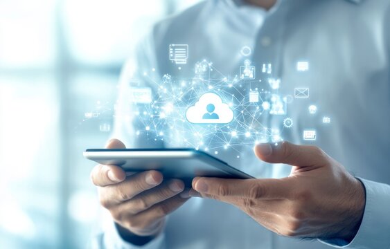 Man using tablet, digital cloud computing data network connection. - Powered by Adobe