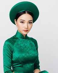 Portrait of beautiful Vietnamese woman in national costume on white background.
