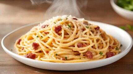 Creamy, hot pasta dish with meat.  Steaming, piled high, on a plate