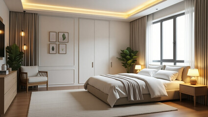 Luxury Minimalist Bedroom with Neutral Tones, Soft Lighting, and Elegant Decor.