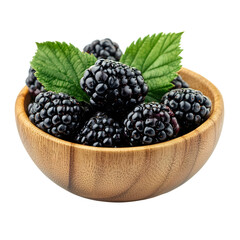 A wooden bowl filled with fresh blackberries and green leaves on black background