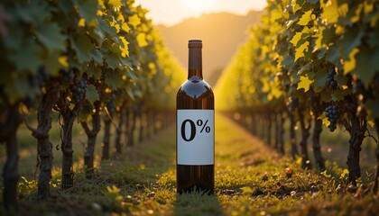 Alcohol Free Wine in Vineyard, Bottle of 0% alcohol wine in vineyard at sunset.
