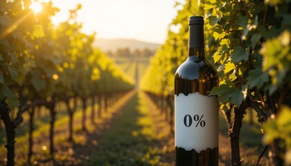 Alcohol Free Wine in Vineyard at Sunset, Bottle of 0% alcohol wine in vineyard at sunset.
