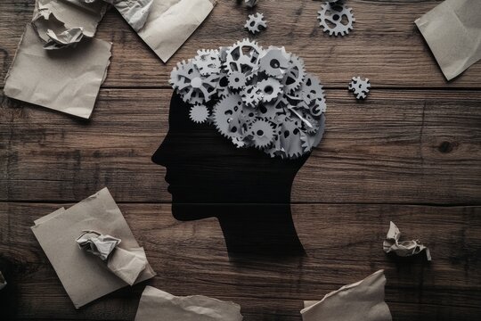 Gears inside a head silhouette on a wooden table with crumpled paper.