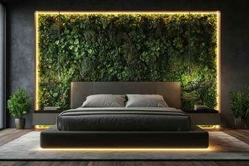 A contemporary bedroom features a green wall and ambient lighting design