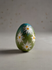 Hand-Painted Easter Egg with White Daisy Floral Design on Gradient Green-Blue Background