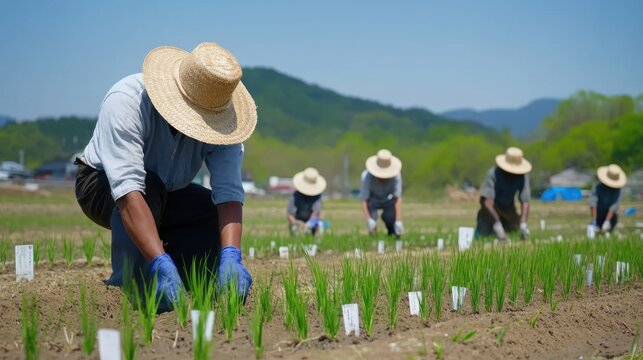 Rice Planting in Rural Japan: Farmers diligently cultivate rice paddies, showcasing traditional agricultural practices against a backdrop of serene mountains under a vibrant sky.