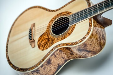 Acoustic guitar, wood detail, white background, music website