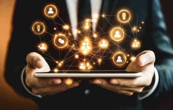 Businessperson holding tablet displaying a network of glowing icons.