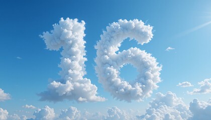 Naklejka premium Number 16 in Clouds, Sky Background, Cloud shaped number sixteen in a blue sky