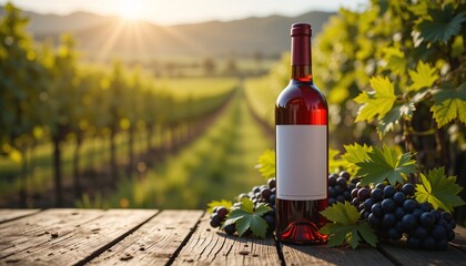 Fototapeta premium Red Wine Bottle in Vineyard at Sunset, Wine bottle, grapes, vineyard sunset. Relaxing, summer vibes.