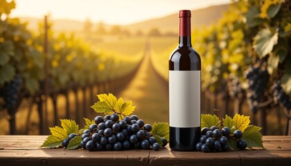 Red Wine Bottle and Grapes in Vineyard, Wine bottle with blank label and grapes in vineyard at sunset.