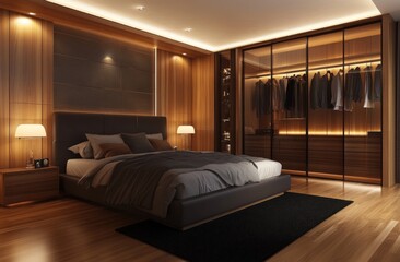 A luxurious master bedroom with an adjacent walkin closet