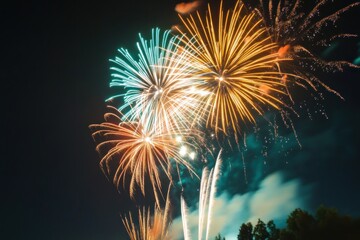 Colorful fireworks exploding in night sky over trees, festive celebration