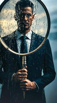 Man in a suit holding a magnifying glass against a rain-splattered window in a city setting during the evening hours