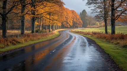 Fototapeta premium A quiet country road, lined with tall trees whose branches stretch above to form a canopy, invites a leisurely stroll through the countryside. 
