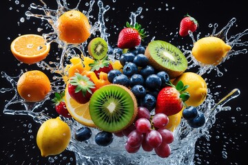 Fresh Fruits Explosion in Water Splashes - Healthy Eating Still Life