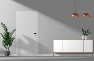 Minimalist hallway, sunlight, plants, sideboard, interior design