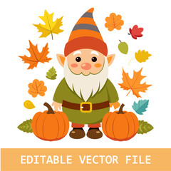 Happy Face Fall Gnome, Pumpkins and Autumn Leaf Clipart