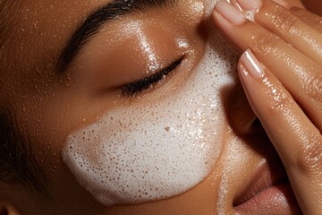 Fototapeta premium Refreshing skincare routine for glowing skin in a spa-like environment closeup view of a person's face with moisturizing foam