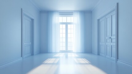 Obraz premium An elegant room features a large window and closed doors