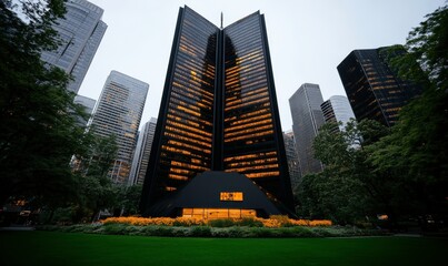 Naklejka premium Modern architecture of tall buildings surrounded by nature with illuminated windows in an urban park during twilight in a cityscape scene