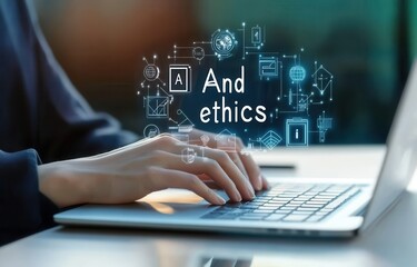 Close up of hands typing on a laptop keyboard, with glowing icons and the words And ethics floating above. The image is softly lit with a blurred