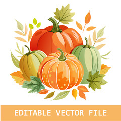 Watercolor Autumn Pumpkin Clipart, Fall Floral Leaves, Watercolor Autumn Leaves and Pumpkin Illustrations