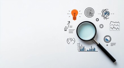 Obraz premium Magnifying glass over various business related sketches on a white background. Orange lightbulb idea, charts and graphs are visible. Top down view