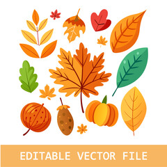 Vibrant fall clipart collection of leaves in various shades of orange, red, and yellow, artistically arranged with acorns and pine cones