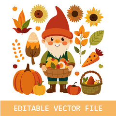 Gnome with sunflower and autumn leaves clipart