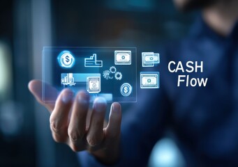 Close up of a person's hand holding a transparent device displaying various financial icons and the words 'Cash Flow'. The background is dark and